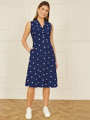 Yumi Blue Daisy Print Sleeveless Shirt Dress - Image 2 of 5