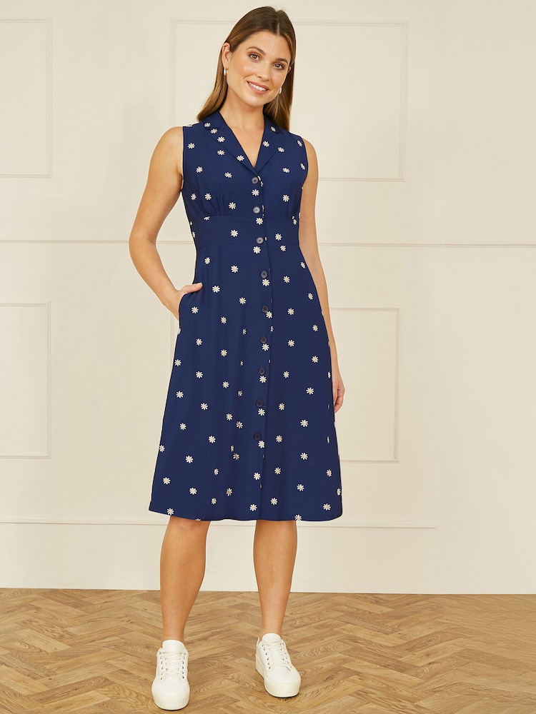 Yumi Blue Daisy Print Sleeveless Shirt Dress - Image 2 of 5