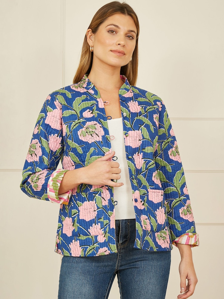 Yumi Blue Light Floral Reversible Quilted 100% Cotton Jacket - Image 1 of 4