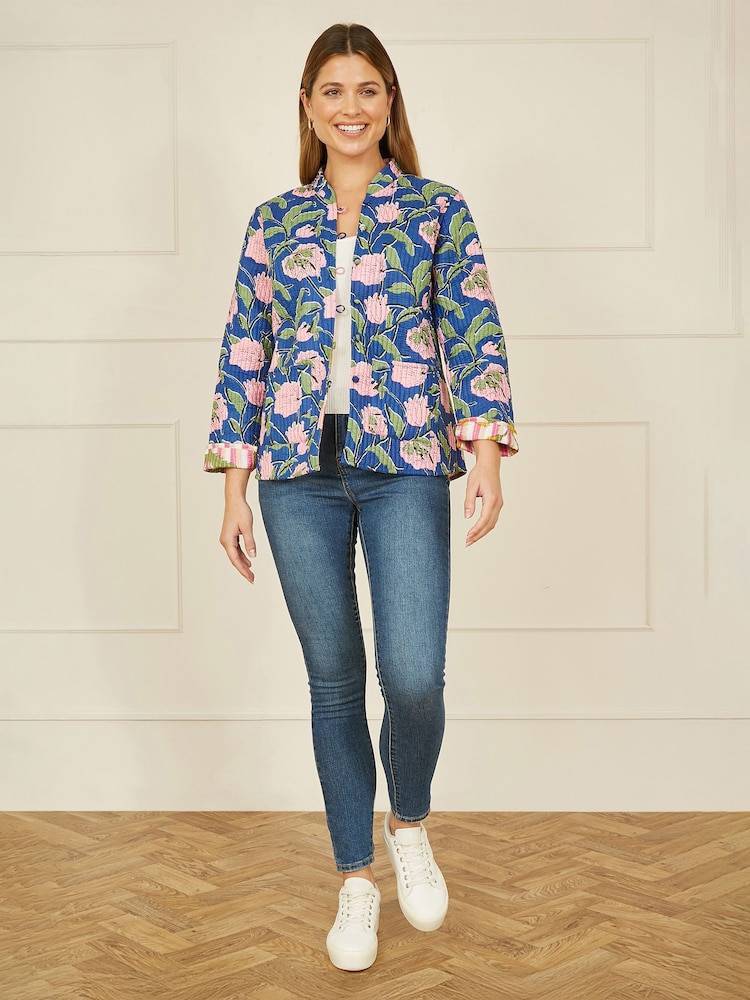 Yumi Blue Light Floral Reversible Quilted 100% Cotton Jacket - Image 2 of 4