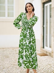 Yumi Green Abstract Print Ruched Midi Dress With Long Sleeves - Image 1 of 5