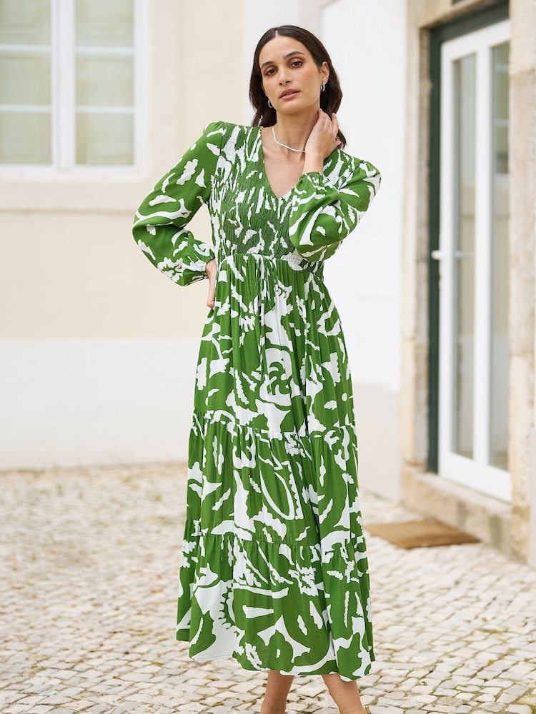 Yumi Green Abstract Print Ruched Midi Dress With Long Sleeves - Image 1 of 5
