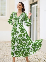 Yumi Green Abstract Print Ruched Midi Dress With Long Sleeves - Image 2 of 5