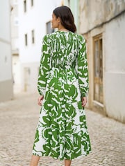 Yumi Green Abstract Print Ruched Midi Dress With Long Sleeves - Image 4 of 5