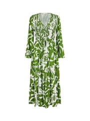 Yumi Green Abstract Print Ruched Midi Dress With Long Sleeves - Image 5 of 5
