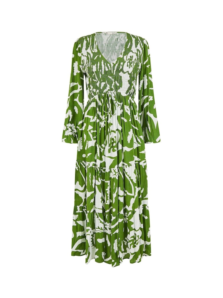 Yumi Green Abstract Print Ruched Midi Dress With Long Sleeves - Image 5 of 5