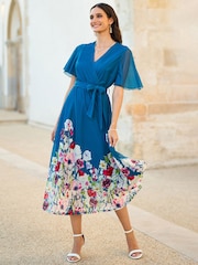 Yumi Blue Mesh Wrap Midi Dress With Floral Print Hem Border - Image 1 of 5