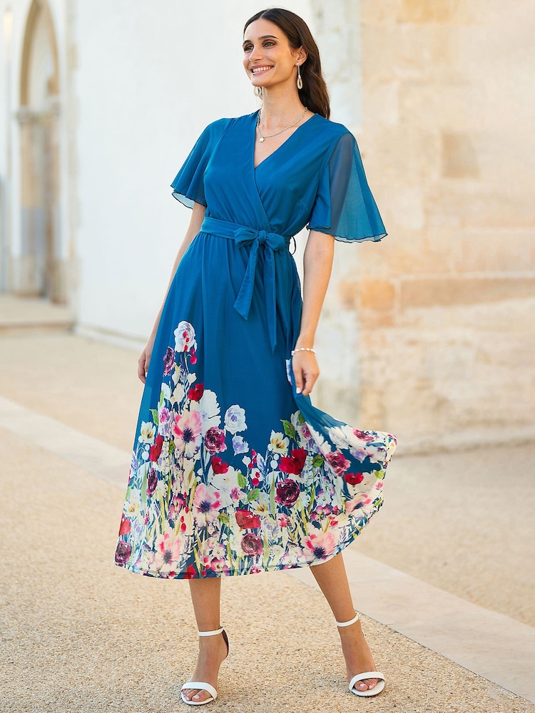 Yumi Blue Mesh Wrap Midi Dress With Floral Print Hem Border - Image 1 of 5