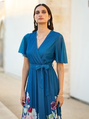 Yumi Blue Mesh Wrap Midi Dress With Floral Print Hem Border - Image 2 of 5