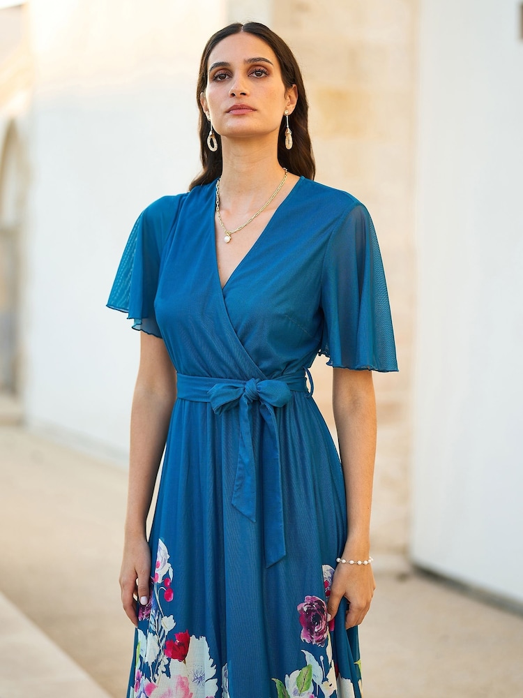 Yumi Blue Mesh Wrap Midi Dress With Floral Print Hem Border - Image 2 of 5