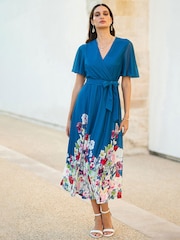 Yumi Blue Mesh Wrap Midi Dress With Floral Print Hem Border - Image 3 of 5