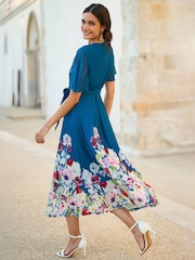 Yumi Blue Mesh Wrap Midi Dress With Floral Print Hem Border - Image 4 of 5