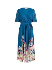 Yumi Blue Mesh Wrap Midi Dress With Floral Print Hem Border - Image 5 of 5