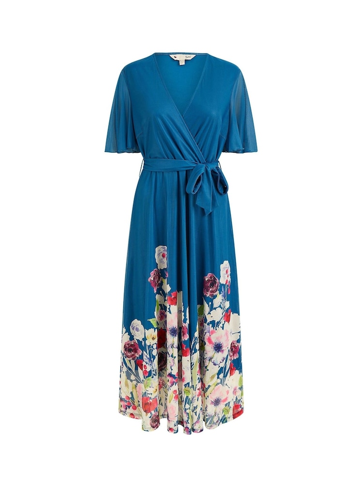 Yumi Blue Mesh Wrap Midi Dress With Floral Print Hem Border - Image 5 of 5