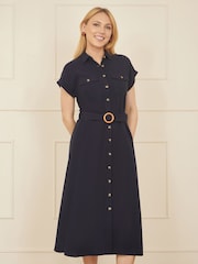 Yumi Blue Viscose Look Midi Shirt Dress With Wooden Belt - Image 1 of 4