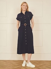 Yumi Blue Viscose Look Midi Shirt Dress With Wooden Belt - Image 2 of 4