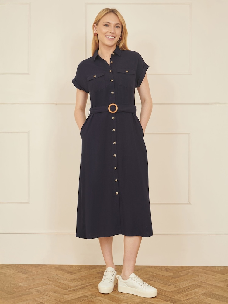 Yumi Blue Viscose Look Midi Shirt Dress With Wooden Belt - Image 2 of 4