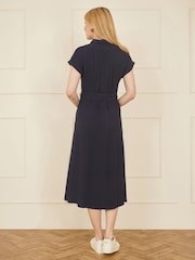 Yumi Blue Viscose Look Midi Shirt Dress With Wooden Belt - Image 3 of 4