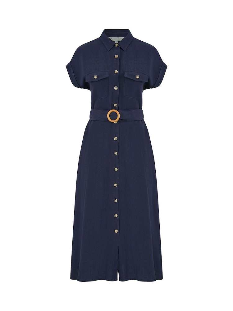 Yumi Blue Viscose Look Midi Shirt Dress With Wooden Belt - Image 4 of 4