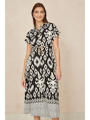 Yumi Black Abstract Geo Print Relaxed Midi Shirt Dress With Belt - Image 1 of 5