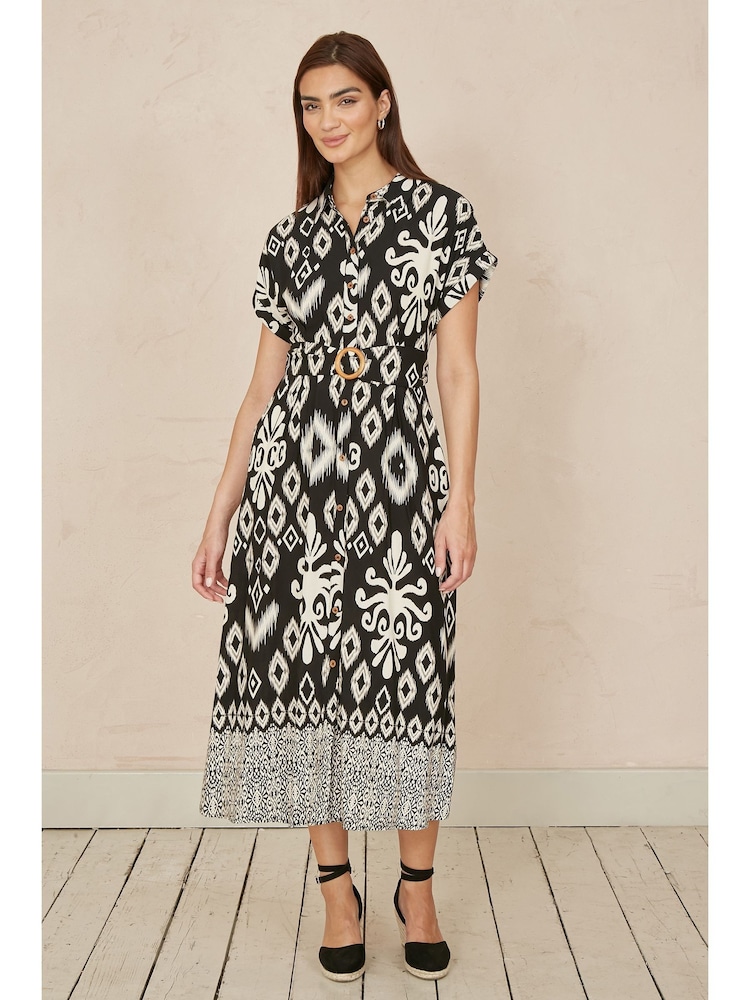 Yumi Black Abstract Geo Print Relaxed Midi Shirt Dress With Belt - Image 2 of 5