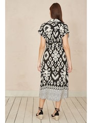 Yumi Black Abstract Geo Print Relaxed Midi Shirt Dress With Belt - Image 3 of 5