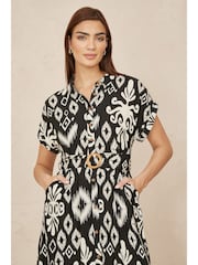Yumi Black Abstract Geo Print Relaxed Midi Shirt Dress With Belt - Image 4 of 5