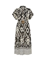 Yumi Black Abstract Geo Print Relaxed Midi Shirt Dress With Belt - Image 5 of 5