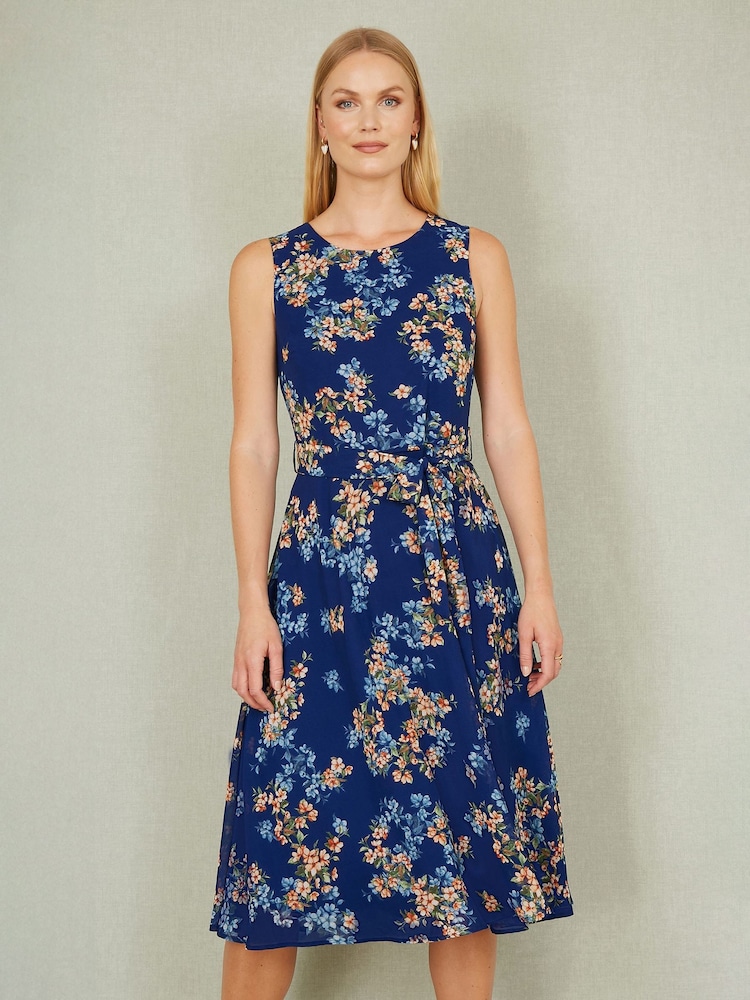 Yumi Blue Floral Print Skater Sleeveless Dress - Image 1 of 4