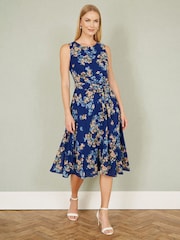 Yumi Blue Floral Print Skater Sleeveless Dress - Image 2 of 4