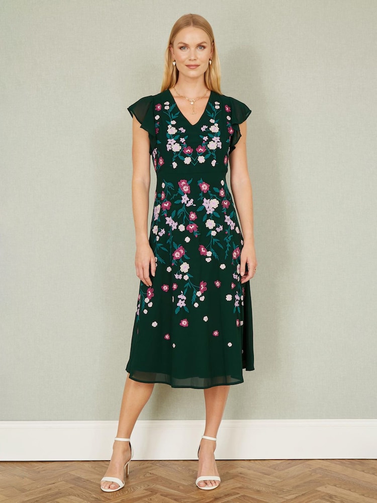 Yumi All Over Floral Print Embroidery Midi Skater Dress - Image 2 of 5 Yumi All Over Floral Print Embroidery Midi Skater Dress - Image 2 of 5