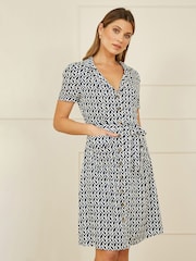 Yumi Blue Geo Print Retro Style Shirt Dress - Image 1 of 5