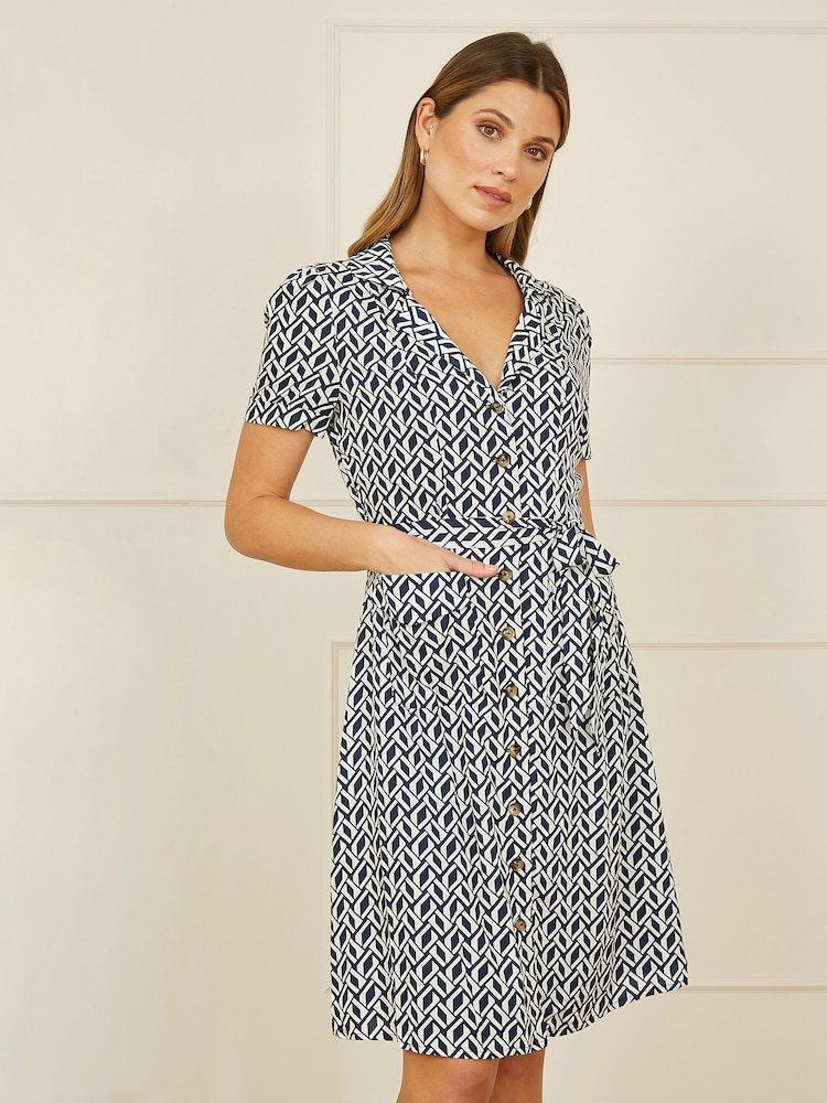 Yumi Blue Geo Print Retro Style Shirt Dress - Image 1 of 5