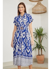 Yumi Blue Abstract Geo Print Relaxed Midi Shirt Dress With Belt - Image 1 of 5