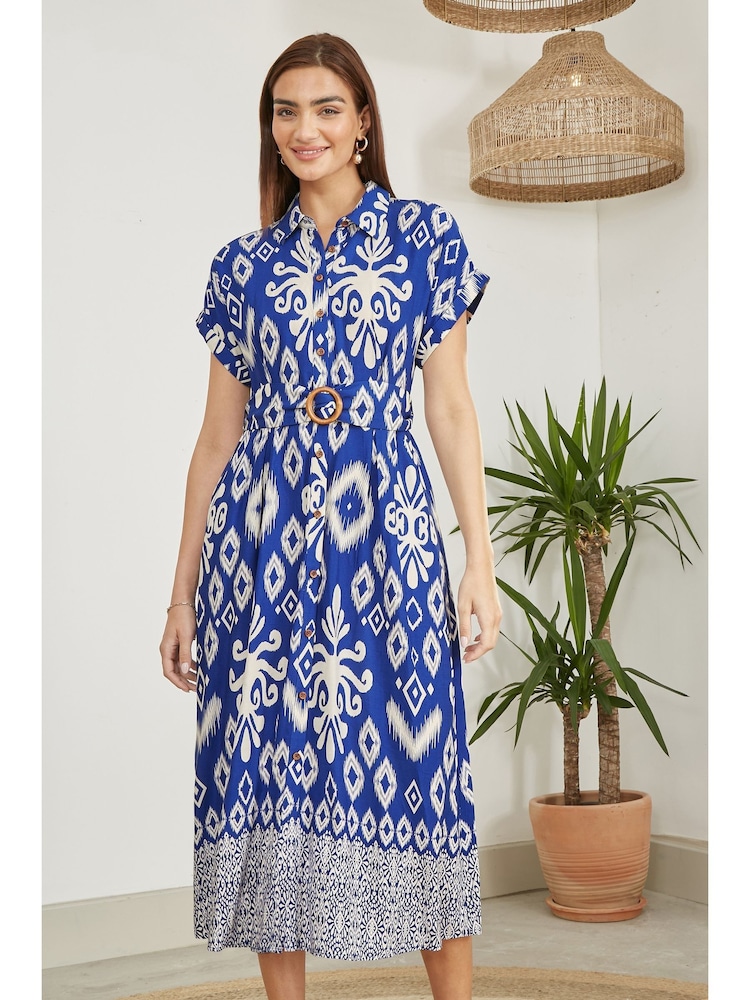 Yumi Blue Abstract Geo Print Relaxed Midi Shirt Dress With Belt - Image 1 of 5