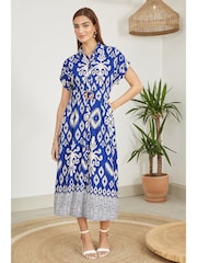 Yumi Blue Abstract Geo Print Relaxed Midi Shirt Dress With Belt - Image 2 of 5