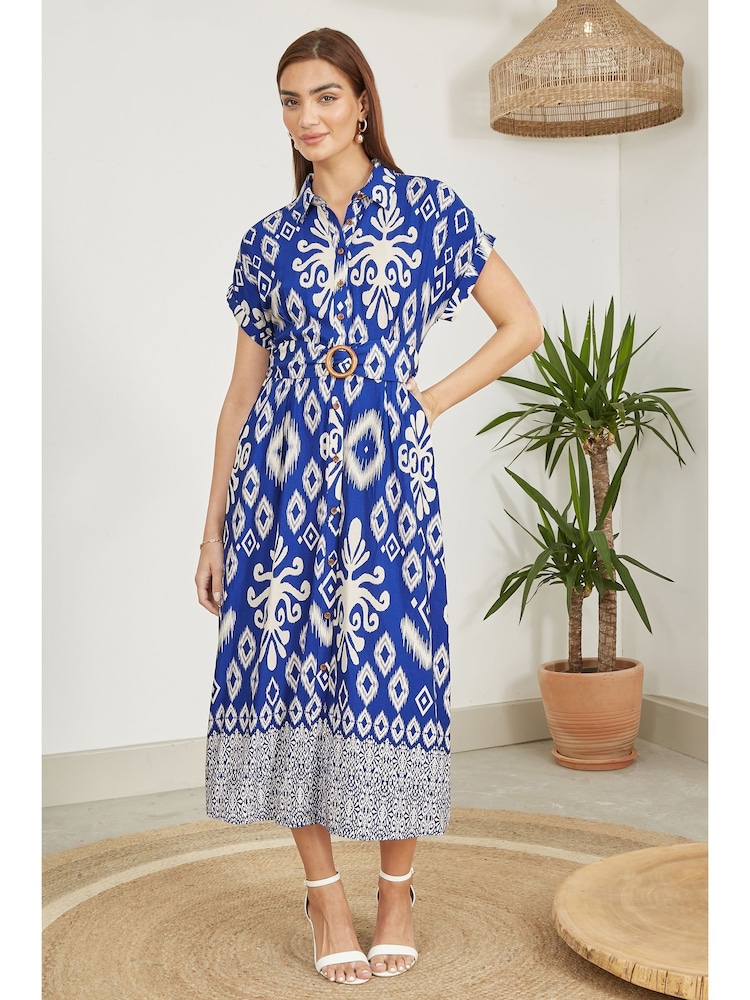 Yumi Blue Abstract Geo Print Relaxed Midi Shirt Dress With Belt - Image 2 of 5