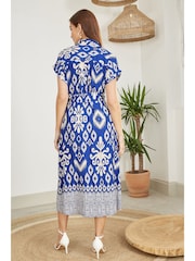Yumi Blue Abstract Geo Print Relaxed Midi Shirt Dress With Belt - Image 3 of 5