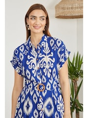 Yumi Blue Abstract Geo Print Relaxed Midi Shirt Dress With Belt - Image 4 of 5