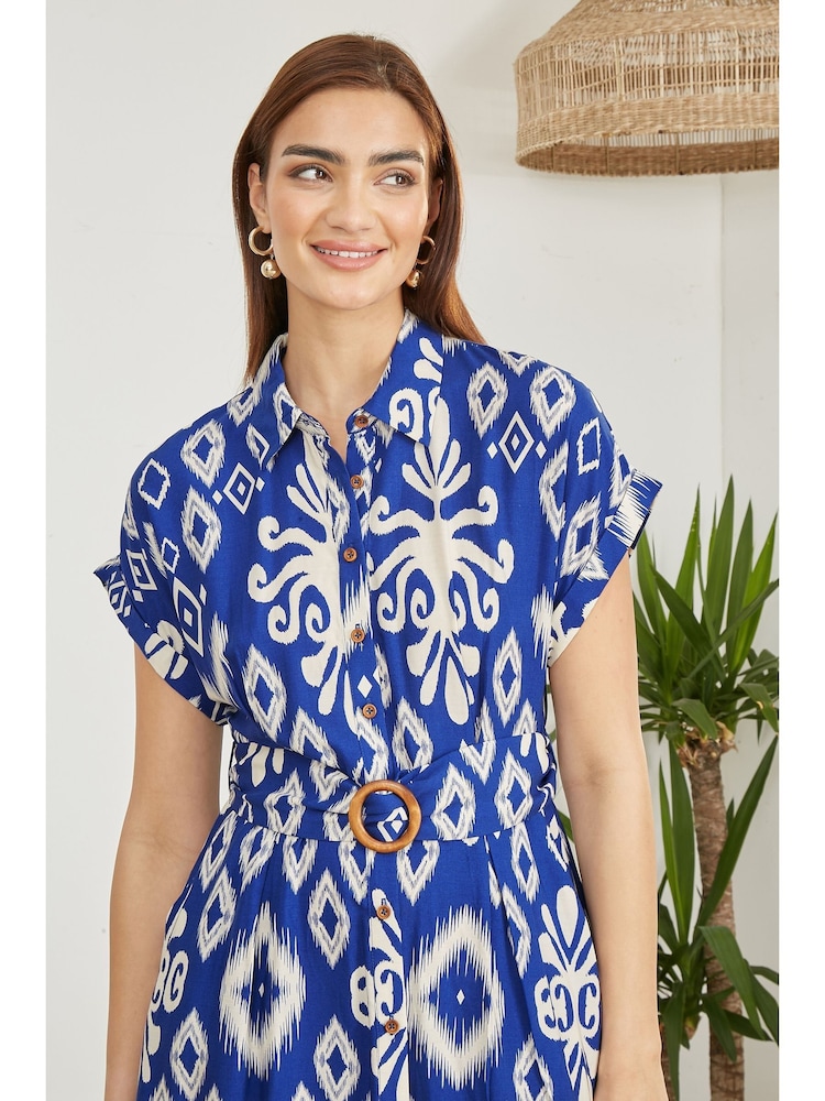 Yumi Blue Abstract Geo Print Relaxed Midi Shirt Dress With Belt - Image 4 of 5