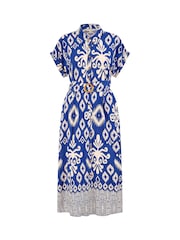 Yumi Blue Abstract Geo Print Relaxed Midi Shirt Dress With Belt - Image 5 of 5