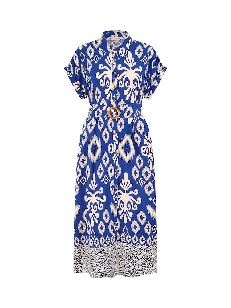 Yumi Blue Abstract Geo Print Relaxed Midi Shirt Dress With Belt - Image 5 of 5