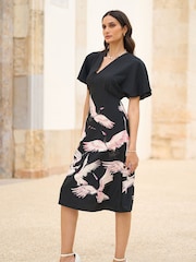 Yumi Black Fabric Crane Print Kimono Midi Dress - Image 1 of 5
