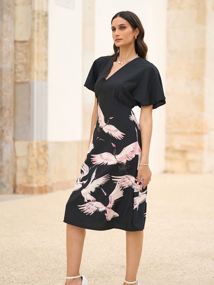 Yumi Black Fabric Crane Print Kimono Midi Dress - Image 1 of 5