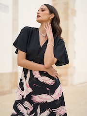 Yumi Black Fabric Crane Print Kimono Midi Dress - Image 2 of 5