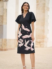 Yumi Black Fabric Crane Print Kimono Midi Dress - Image 3 of 5