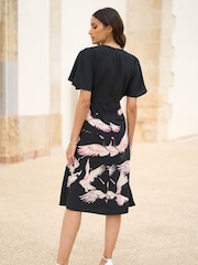 Yumi Black Fabric Crane Print Kimono Midi Dress - Image 4 of 5