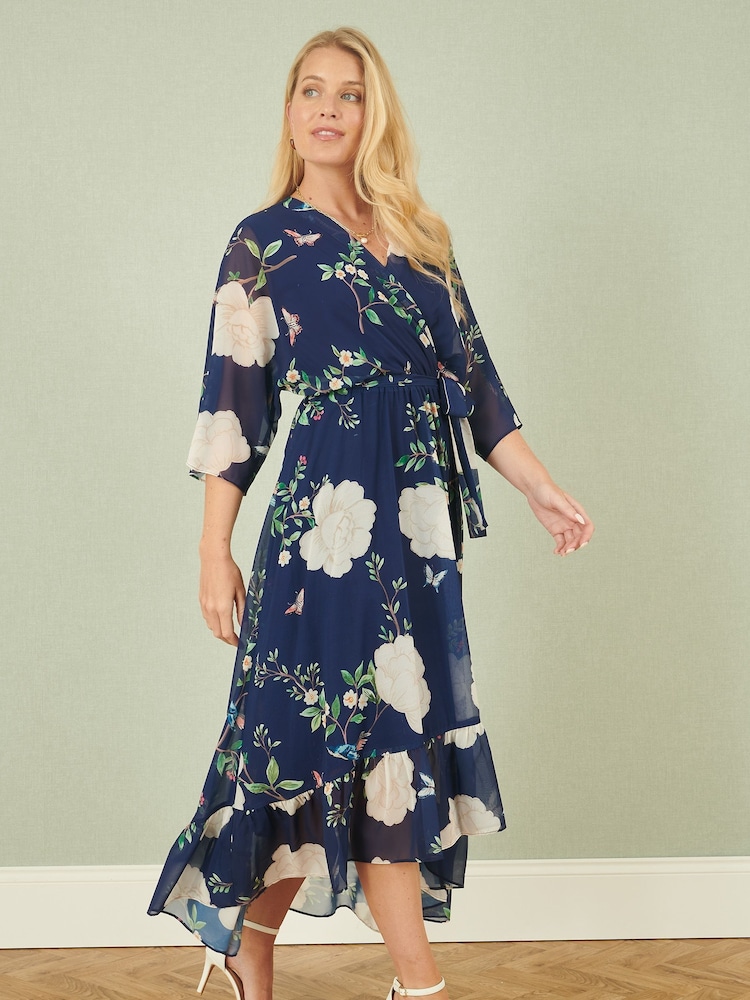 Yumi Blue Bird and Floral Print Midi Wrap Dress - Image 1 of 5