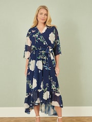 Yumi Blue Bird and Floral Print Midi Wrap Dress - Image 2 of 5