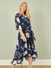 Yumi Blue Bird and Floral Print Midi Wrap Dress - Image 3 of 5